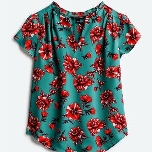 41 Hawthorn Teal and Red Floral Tulip Sleeve Blouse
